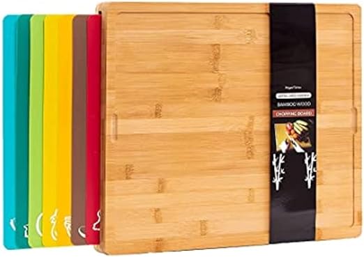 8 in 1 Extra Large Bamboo Wooden Chopping Boards Set with 7 Colour Coded PP Mats (Meat Bread Fish Cheese Dairy) Organic Antibacterial Odour Resistant Dishwasher Safe (42 X 34 X 3.5cm)