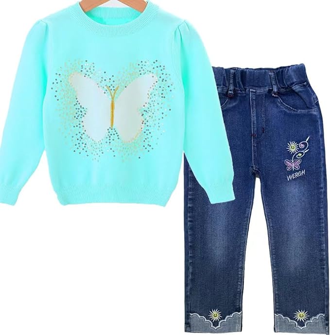 10T Little Big Kids Girls Clothing Sets 2pcs Top Cotton Knitted Sweater Pullover with Denim Jeans