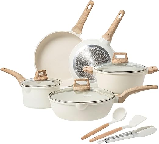 Nonstick Pots and Pans Set, Granite Kitchen Cookware Sets, Non Stick Natural Stone Cooking Set with Frying Pans,Suitable for All Stoves Include Induction (11pcs White Granite Set)