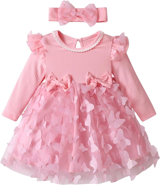 Baby Girl Clothes Dress Mesh Tulle Butterfly Print Long Sleeve Dresses