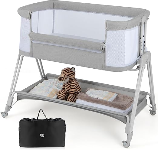 GYMAX Baby Beside Crib, Foldable Infant Side Cot with Carry Bag, Storage Basket Mattress and Wheels, Height Adjustable Toddler Co-Sleeping Bed)