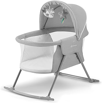 Kinderkraft Baby Crib 3 in 1 LOVI, Cradle, Travel Cot, Rocker, Easy Folding and Unfolding, Adjustable Canopy, with Accessories, Mattress Cover, Included Toys, Transport Bag, for Newborn, 0-9 kg, Gray