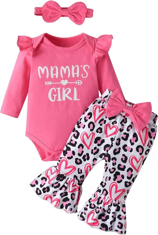 Baby Girl Clothes Ruffled Floral Printed Sleeve Tops Pants 3-Piece Outfit Set