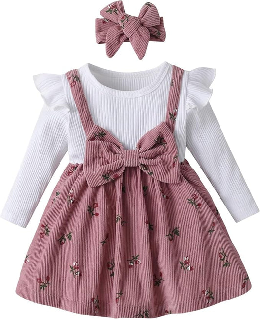 Baby Girl Clothes Dress Long Ruffle Sleeve Outfits Bow Tie Suspender Skirt