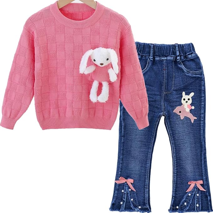 10T Little Big Kids Girls Clothing Sets 2pcs Top Cotton Knitted Sweater Pullover with Denim Jeans