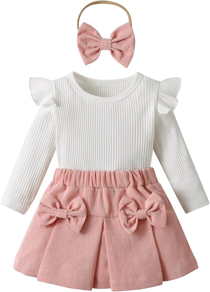 Baby Girl Clothes Ruffled Sleeve Tops Skirts Infant 3-Piece Outfit Set