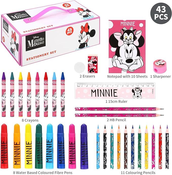 Minnie Mouse Kids 43pc Colouring Art Stationery Set with Watercolour Felt Tip Pens Crayons and Pencils Travel Set for Children