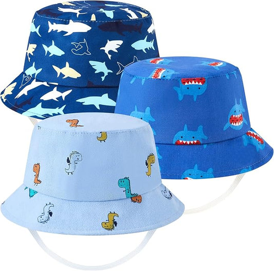 3 Pcs Baby Boys Bucket Hat Beach Toddler Sun Hat with Adjustable Strap Shark Dinosaur Pattern Baby Summer Hat