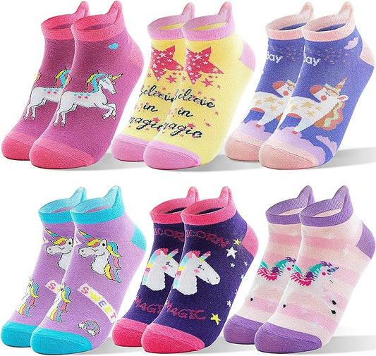 Kids Girls Ankle Socks Cute Unicorn Funny Novelty Odd Cartoon No Show Fashion Cotton Socks 6 Pairs