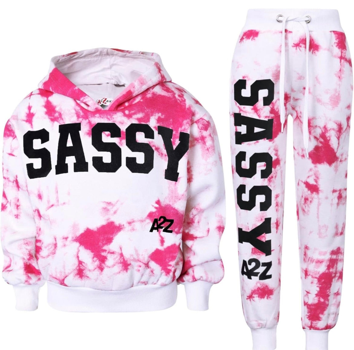 A2Z 4 Kids Girls Tie Dye Orange Sassy Print Fleece Hooded Crop With Bottom Jogging Suit Joggers Tracksuit