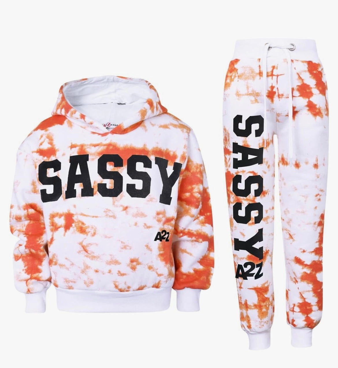 A2Z 4 Kids Girls Tie Dye Orange Sassy Print Fleece Hooded Crop With Bottom Jogging Suit Joggers Tracksuit