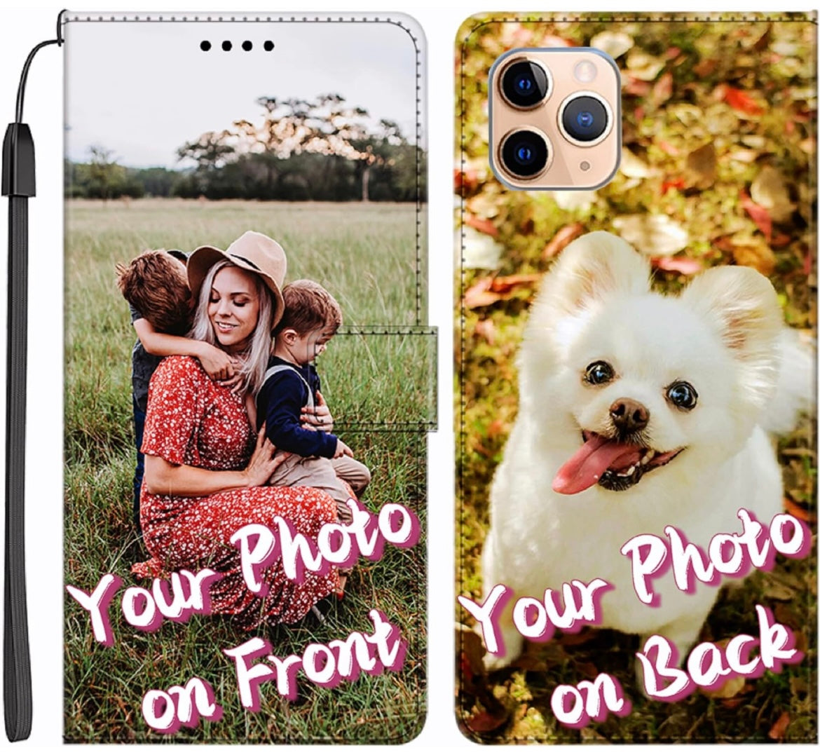 Unique-Custom-Gift Personalized Photo PU Leather Wallet Phone Case w/ Kickstand Flip Cover Samsung Galaxy S9 S10 S20 S21 S22 Plus Ultra Note 9 10 20 Ultra, Customize Picture on Front & Back