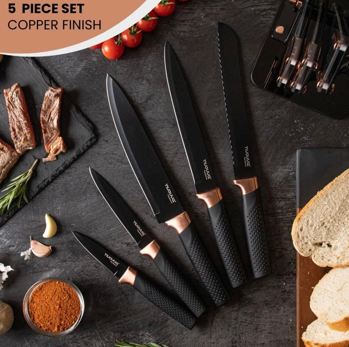 Kitchen Knife Block Set Copper 5 Piece Set