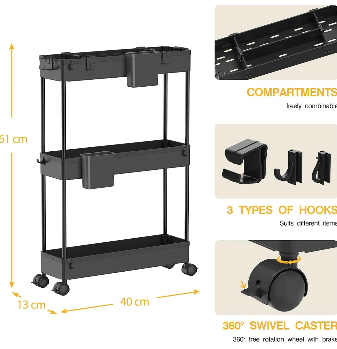 Storage Trolley 3-Tier Rolling Utility Cart