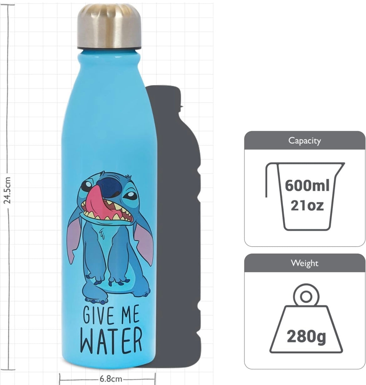 Disney Stitch Aluminum Water Bottle 600ml – Official Merchandise by Polar Gear, Kids - blue