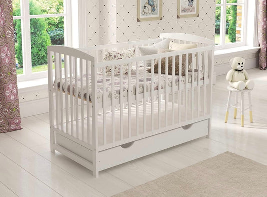 JACOB Wooden Baby Cot Bed FREE Deluxe Aloe Vera Mattress, Safety Wooden Barrier & Teething Rails