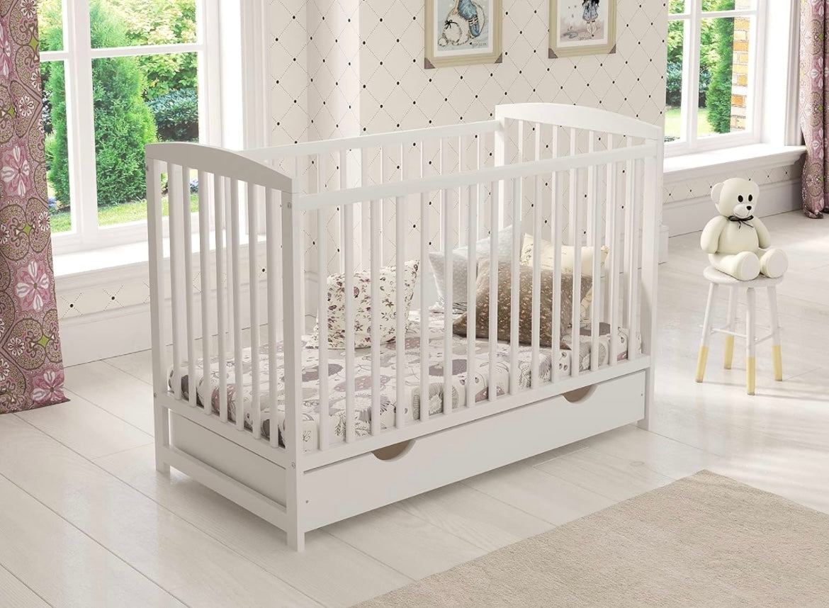 JACOB Wooden Baby Cot Bed FREE Deluxe Aloe Vera Mattress, Safety Wooden Barrier & Teething Rails