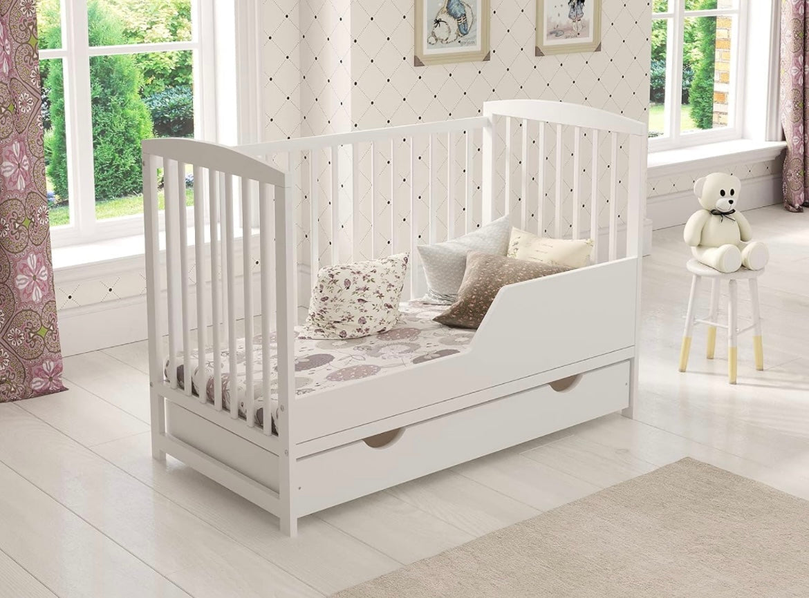 JACOB Wooden Baby Cot Bed FREE Deluxe Aloe Vera Mattress, Safety Wooden Barrier & Teething Rails