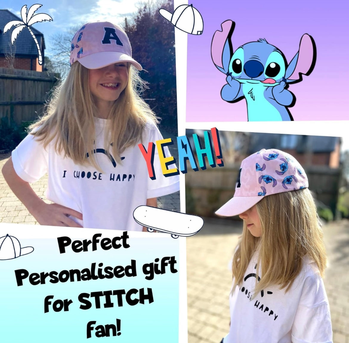 Disney Stitch Personalised Baseball Cap for Girls Embroidered Letter