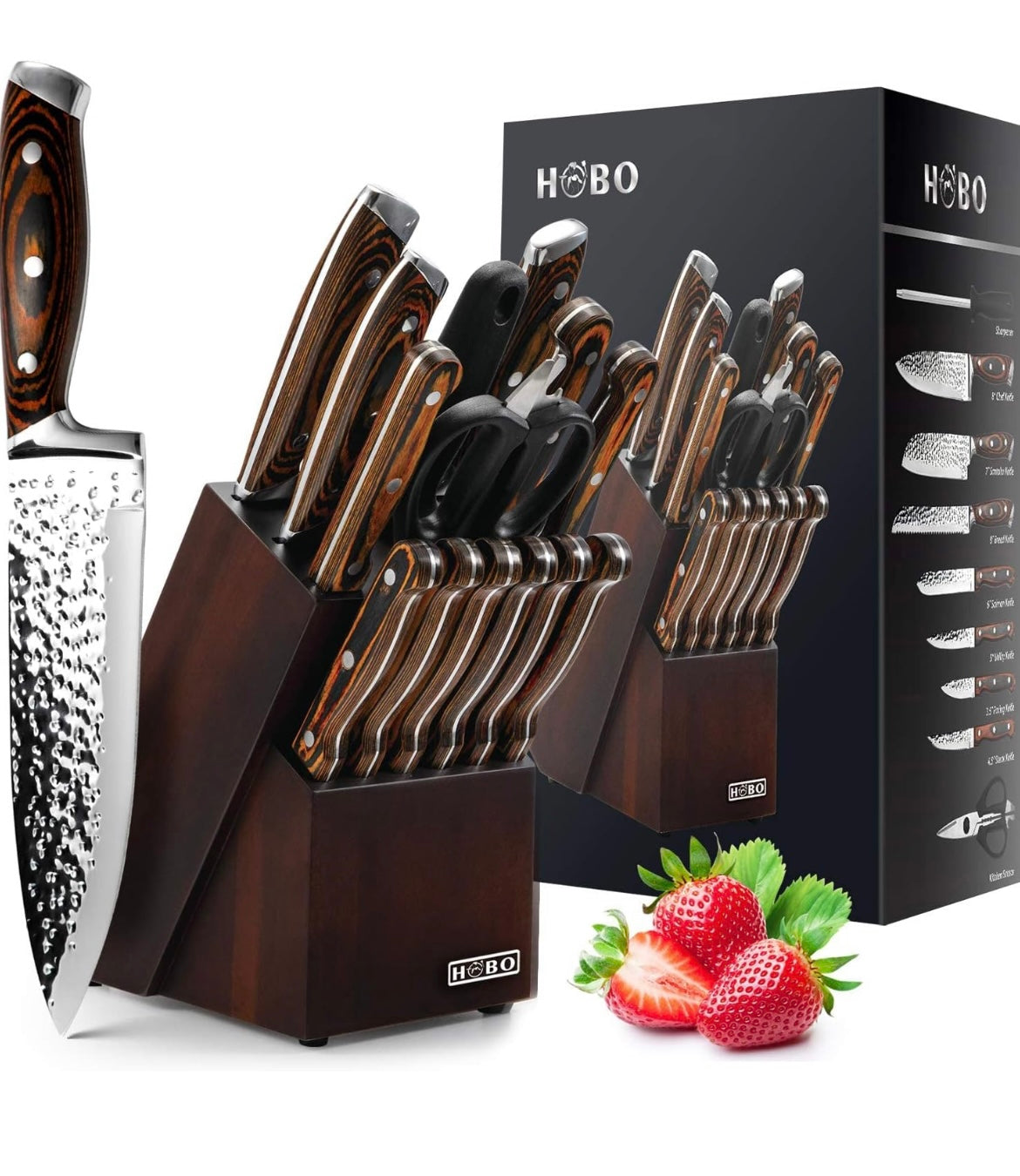 15-Piece Japanese Chef Knife Set with Sharpener, Block Wooden, HOBO Japan High Carbon Stainless Steel Boxed Kitchen Knife, Color Wooden Handle