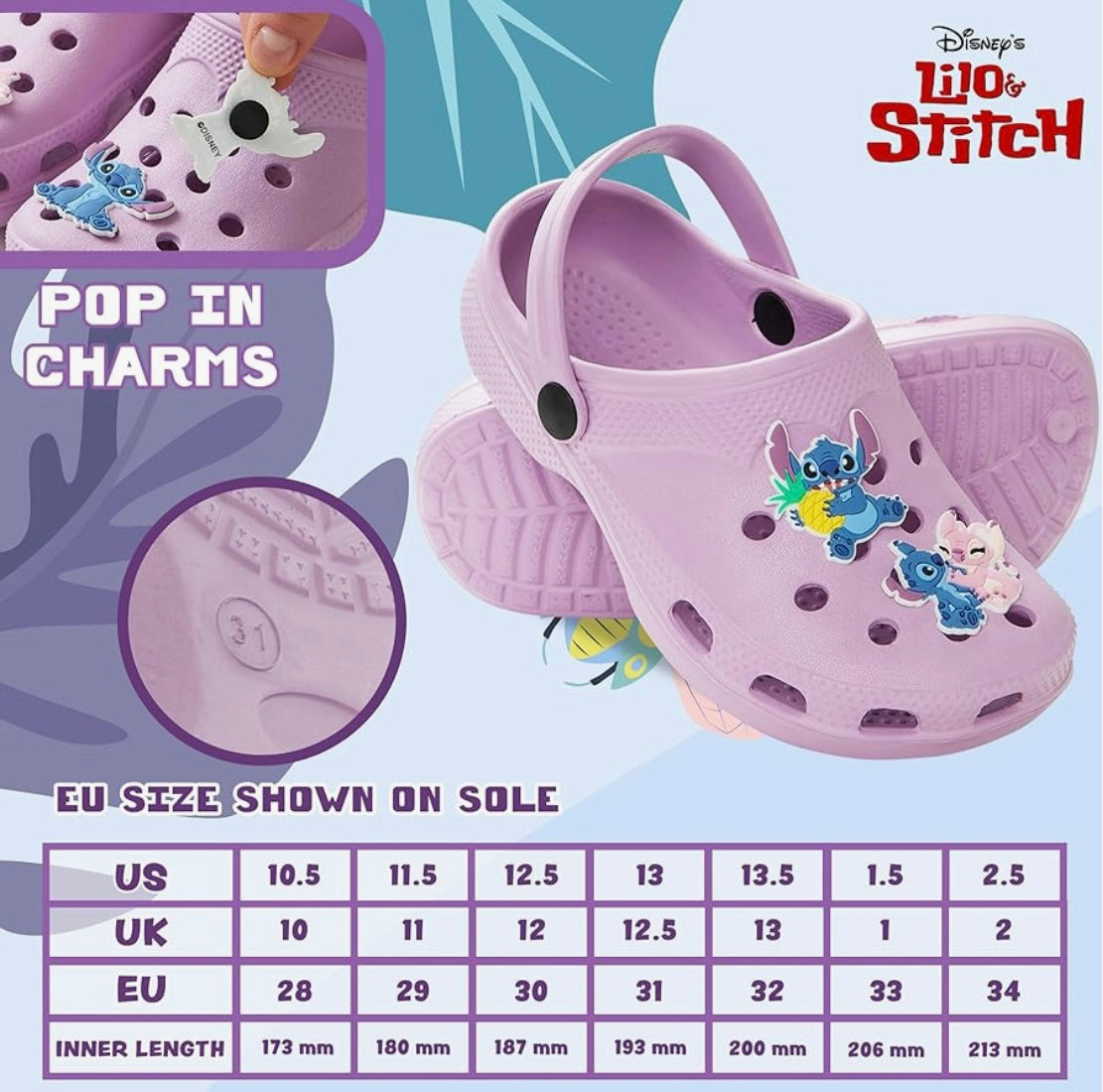 Disney Girls Clogs with Removable Rubber Charms - Girls Gifts