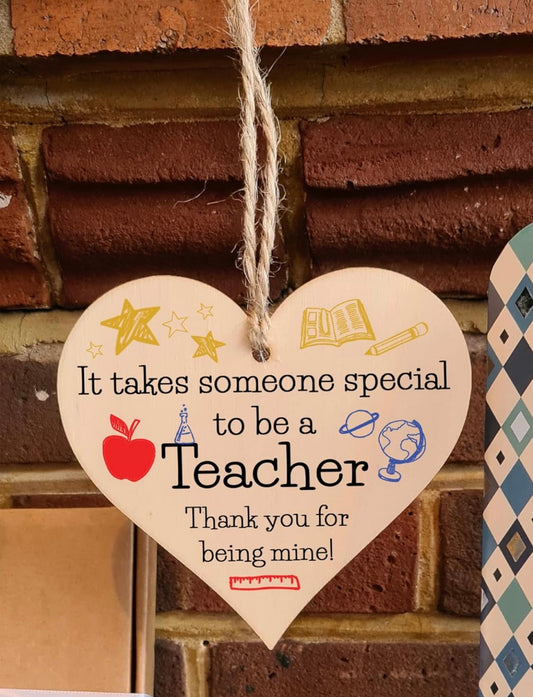 Handmade Wooden Hanging Heart Plaque Gift for Special Teacher Thank You Keepsake