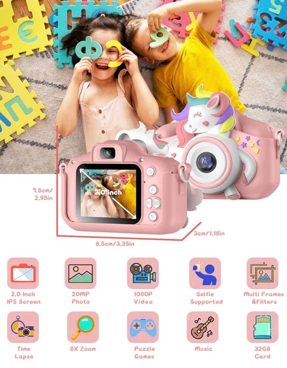 Kids Camera, Gofunly Kids Camera for Girls, 1080P HD 2.0 Inch Screen Kids Digital Camera with 32GB Card, Birthday Christmas Kids Toys Gifts Selfie Childrens Camera for Kids