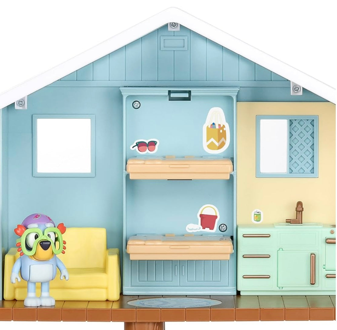 Bluey's Beach Cabin Playset, With Exclusive Bluey Figure With Goggles. Includes 10 Play Pieces and Sticker Sheet