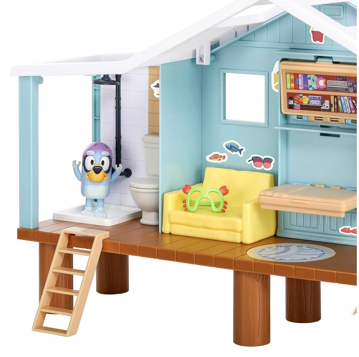 Bluey's Beach Cabin Playset, With Exclusive Bluey Figure With Goggles. Includes 10 Play Pieces and Sticker Sheet