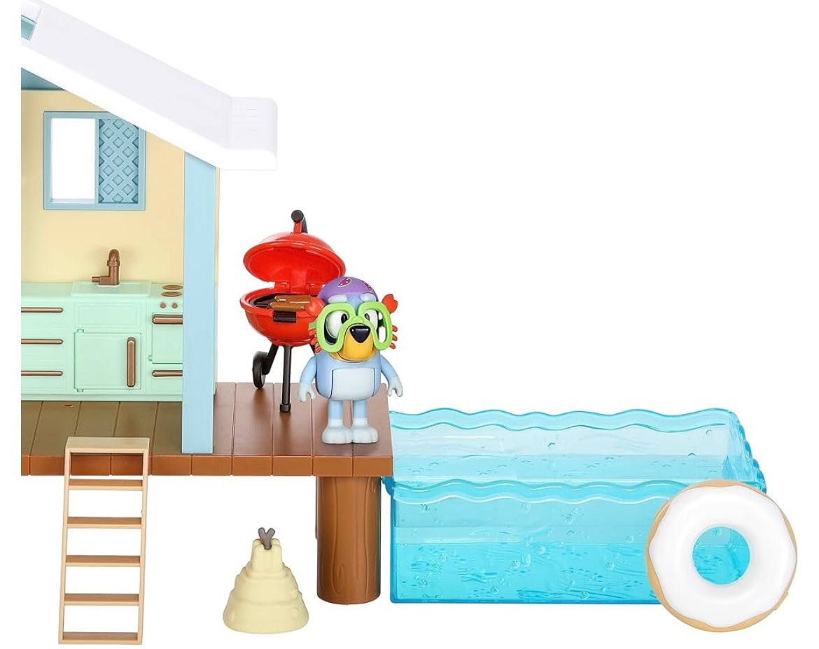 Bluey's Beach Cabin Playset, With Exclusive Bluey Figure With Goggles. Includes 10 Play Pieces and Sticker Sheet