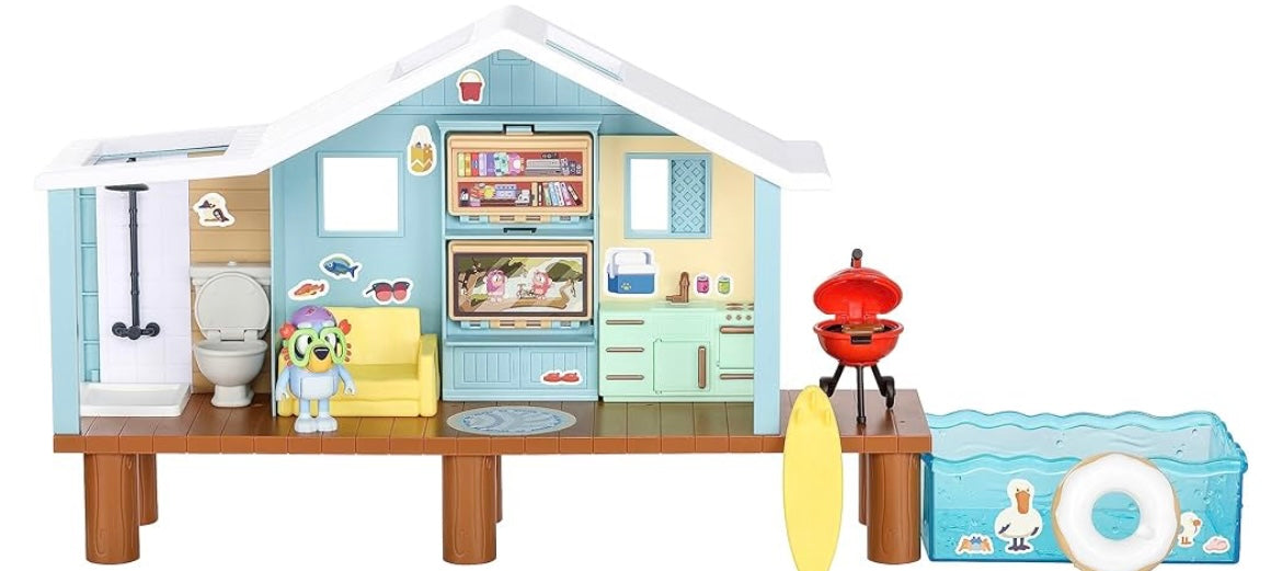 Bluey's Beach Cabin Playset, With Exclusive Bluey Figure With Goggles. Includes 10 Play Pieces and Sticker Sheet