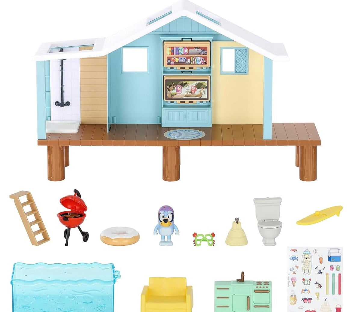 Bluey's Beach Cabin Playset, With Exclusive Bluey Figure With Goggles. Includes 10 Play Pieces and Sticker Sheet