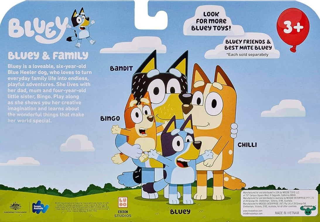 Bluey and Family: Bingo, Bandit and Chilli 4 Figure pack Articulated Character Action Figures 2.5 inches Official Collectable Toy