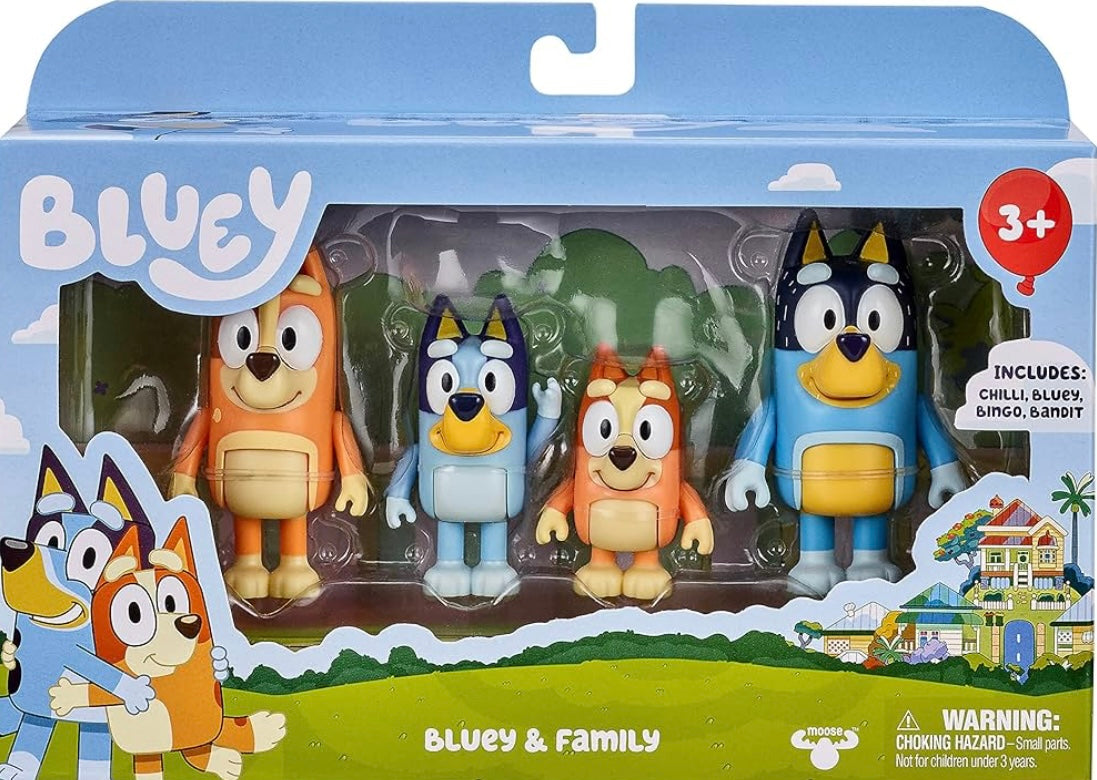 Bluey and Family: Bingo, Bandit and Chilli 4 Figure pack Articulated Character Action Figures 2.5 inches Official Collectable Toy