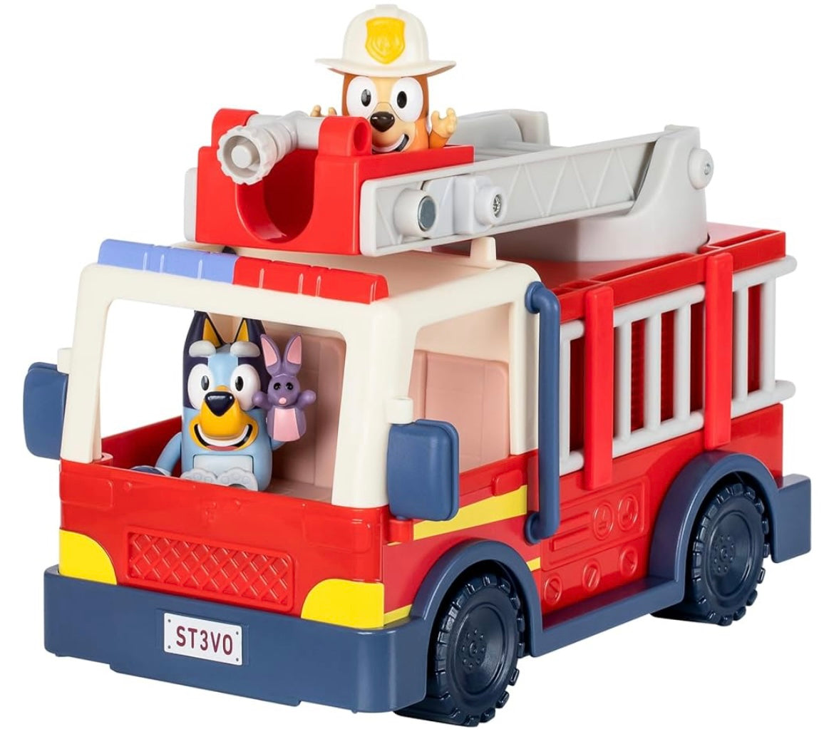 Bluey Firetruck, Firetruck with Bluey, Exclusive Firefighter Bingo and Bob Bilby Figures Raise The Ladder, Spin It Around and Roll Out The Hose Includes Sticker Sheet