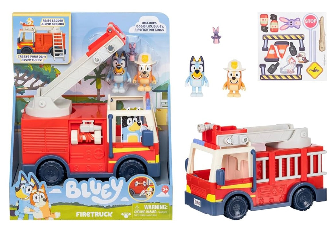 Bluey Firetruck, Firetruck with Bluey, Exclusive Firefighter Bingo and Bob Bilby Figures Raise The Ladder, Spin It Around and Roll Out The Hose Includes Sticker Sheet