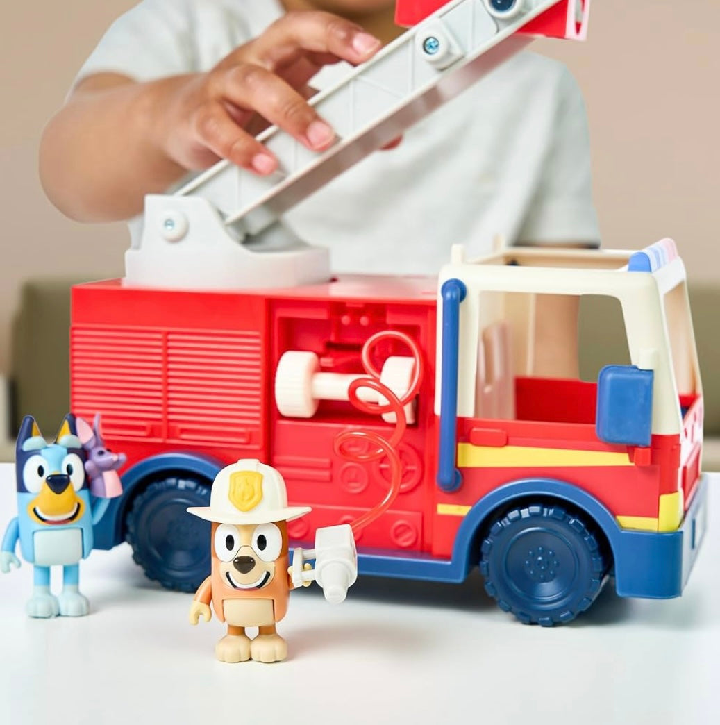 Bluey Firetruck, Firetruck with Bluey, Exclusive Firefighter Bingo and Bob Bilby Figures Raise The Ladder, Spin It Around and Roll Out The Hose Includes Sticker Sheet