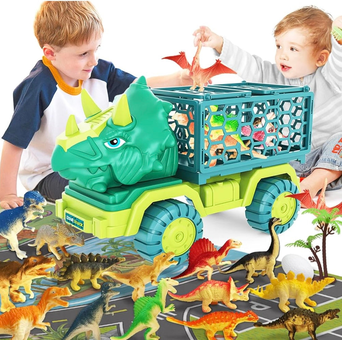 Dinosaur Truck Toy for Kids 3-5 Years Old, Triceratops Transport Car Carrier Truck with 15 Dino Figures Activity Play Mat Dinosaur Egg and Trees Dinosaur Escape Play Set Boys Girls Easter Birthday