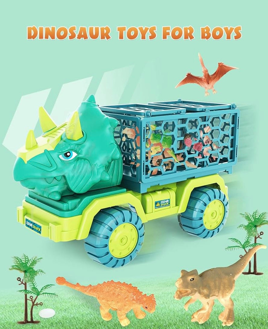 Dinosaur Truck Toy for Kids 3-5 Years Old, Triceratops Transport Car Carrier Truck with 15 Dino Figures Activity Play Mat Dinosaur Egg and Trees Dinosaur Escape Play Set Boys Girls Easter Birthday