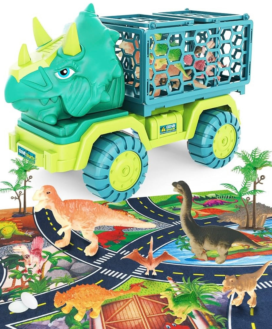 Dinosaur Truck Toy for Kids 3-5 Years Old, Triceratops Transport Car Carrier Truck with 15 Dino Figures Activity Play Mat Dinosaur Egg and Trees Dinosaur Escape Play Set Boys Girls Easter Birthday