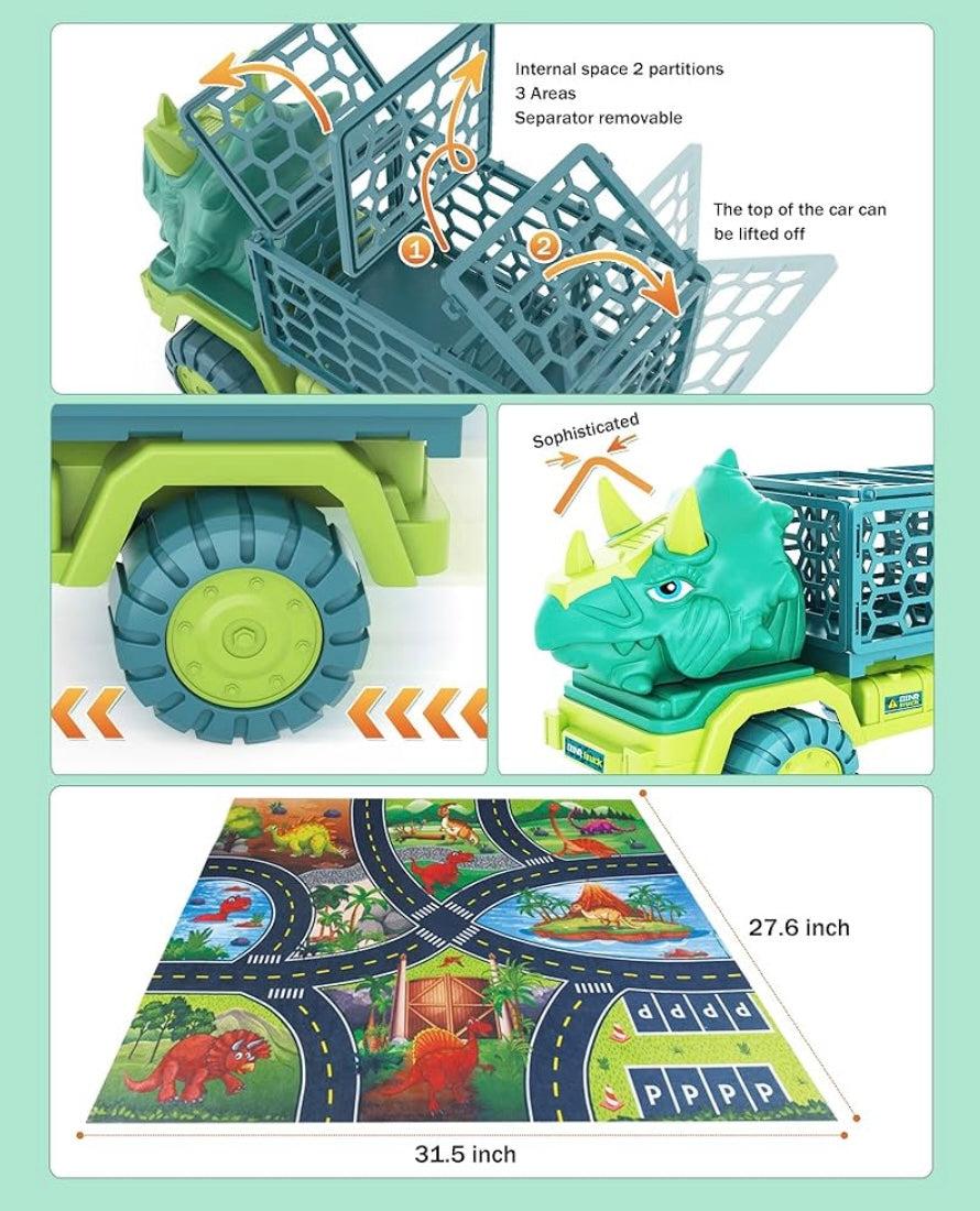 Dinosaur Truck Toy for Kids 3-5 Years Old, Triceratops Transport Car Carrier Truck with 15 Dino Figures Activity Play Mat Dinosaur Egg and Trees Dinosaur Escape Play Set Boys Girls Easter Birthday