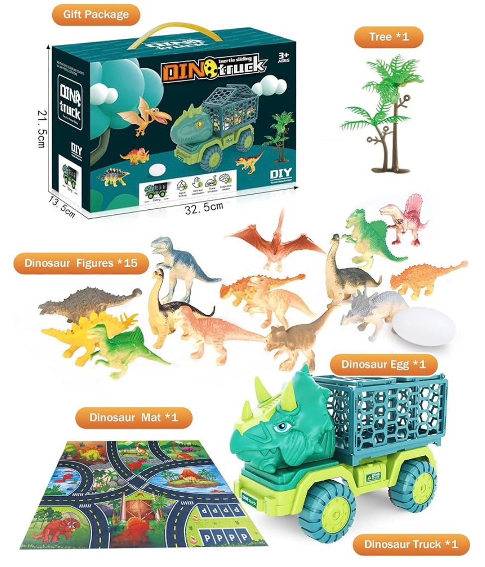 Dinosaur Truck Toy for Kids 3-5 Years Old, Triceratops Transport Car Carrier Truck with 15 Dino Figures Activity Play Mat Dinosaur Egg and Trees Dinosaur Escape Play Set Boys Girls Easter Birthday