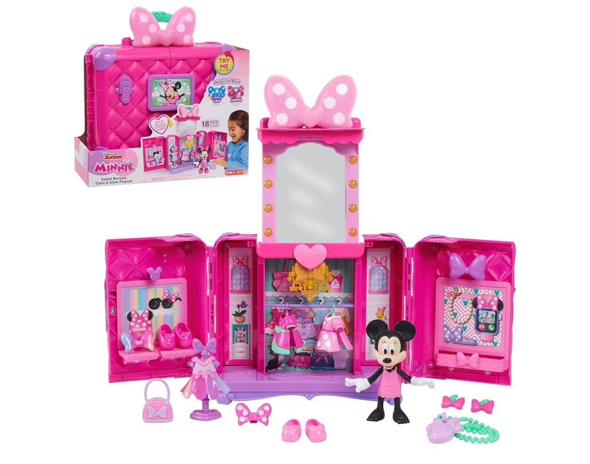 Disney Junior Minnie Mouse Sweet Reveals Glam & Glow 18-Piece Playset with Storage, Color Changing, Lights and Sounds, Dress Up Jewelry, Kids Toys for Ages 3 Up by Just Play