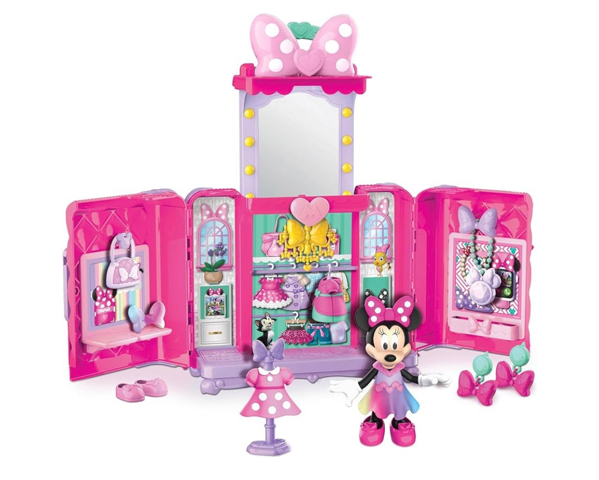 Disney Junior Minnie Mouse Sweet Reveals Glam & Glow 18-Piece Playset with Storage, Color Changing, Lights and Sounds, Dress Up Jewelry, Kids Toys for Ages 3 Up by Just Play