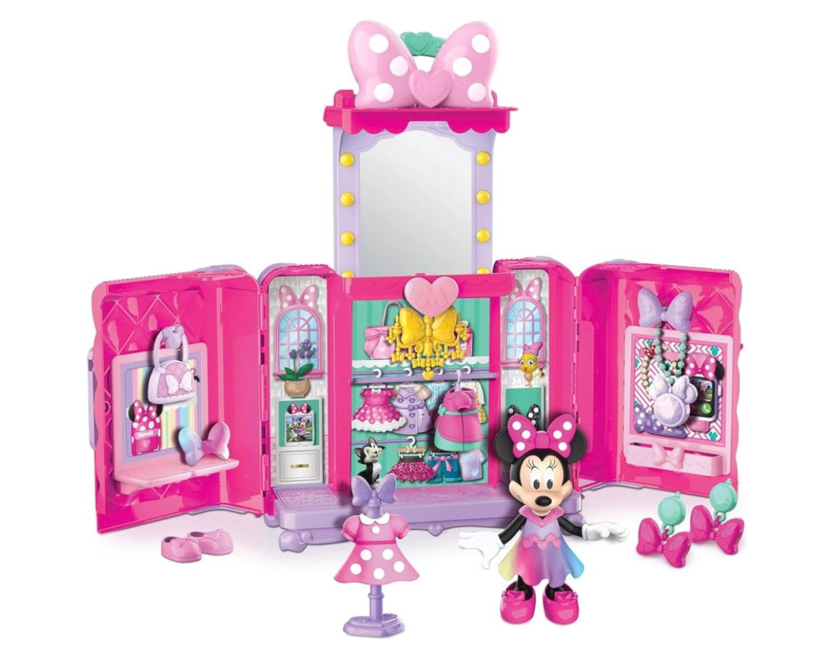 Disney Junior Minnie Mouse Sweet Reveals Glam & Glow 18-Piece Playset with Storage, Color Changing, Lights and Sounds, Dress Up Jewelry, Kids Toys for Ages 3 Up by Just Play