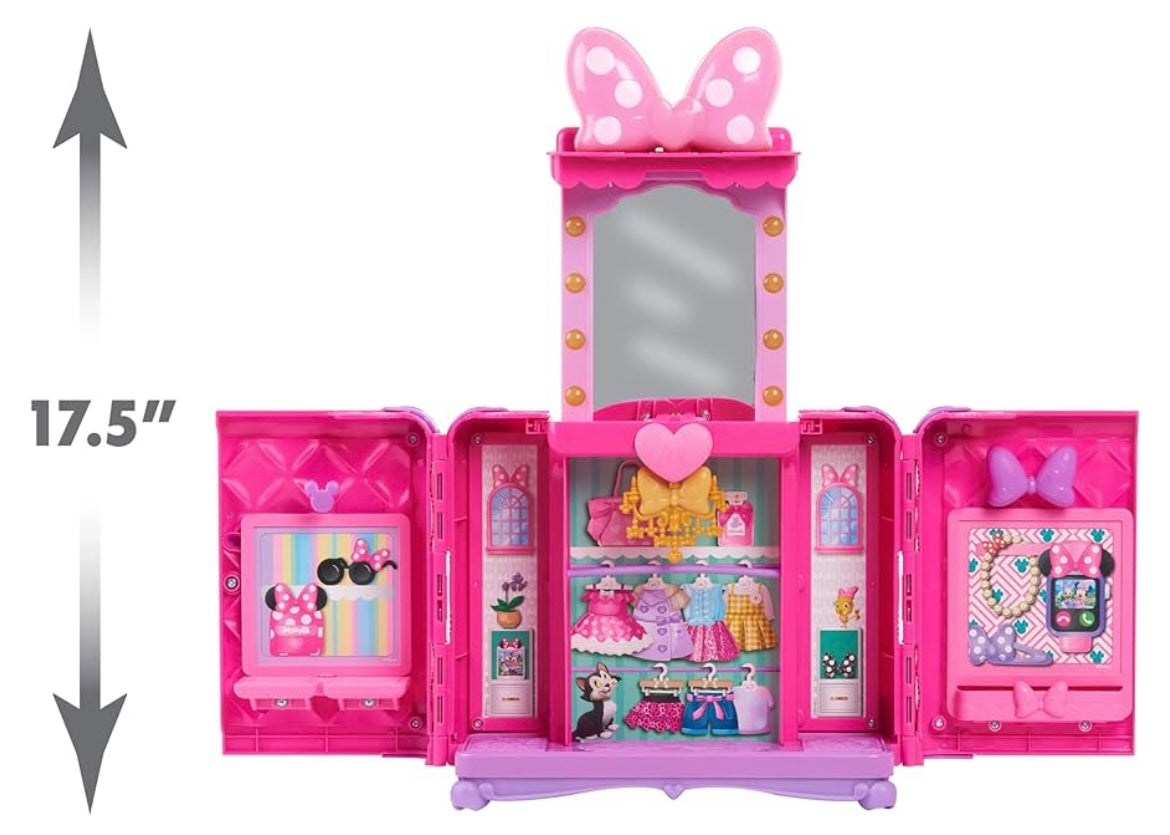 Disney Junior Minnie Mouse Sweet Reveals Glam & Glow 18-Piece Playset with Storage, Color Changing, Lights and Sounds, Dress Up Jewelry, Kids Toys for Ages 3 Up by Just Play