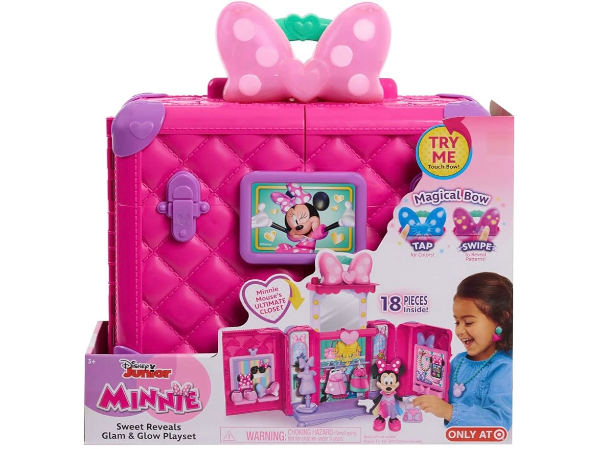 Disney Junior Minnie Mouse Sweet Reveals Glam & Glow 18-Piece Playset with Storage, Color Changing, Lights and Sounds, Dress Up Jewelry, Kids Toys for Ages 3 Up by Just Play