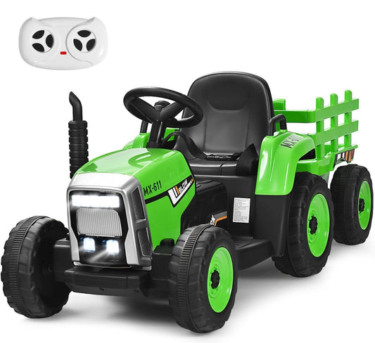 COSTWAY Ride on Tractor and Trailer, 12V Battery Powered Electric Kids Toy Car