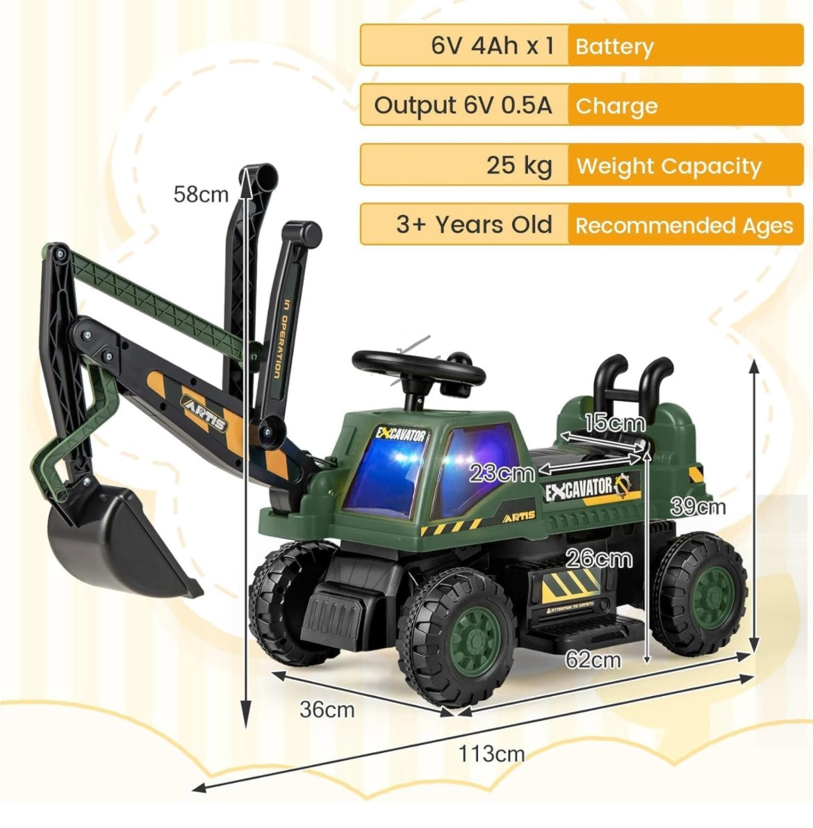 Maxmass Kids Ride On Digger, 6V Battery Powered Electric Excavator with Adjustable Arm & Shovel