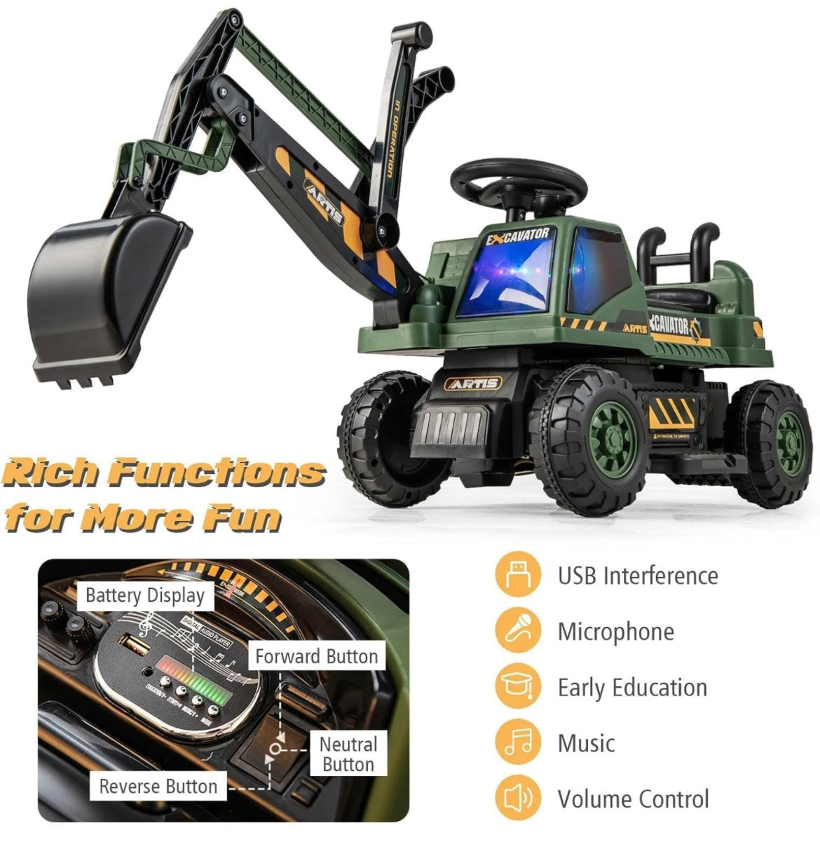 Maxmass Kids Ride On Digger, 6V Battery Powered Electric Excavator with Adjustable Arm & Shovel